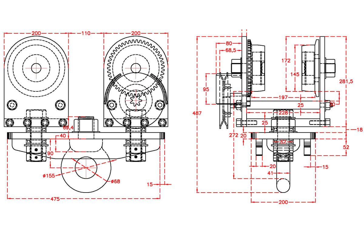Articulated Geared Runway Beam Trolley GBT3 RT technical drawing
