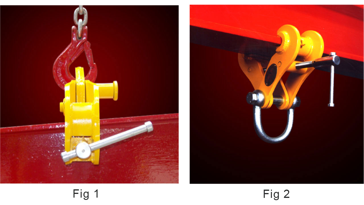 FIG 1 Clip on type beam clamp; FIG 2 Adjustable type beam clamp